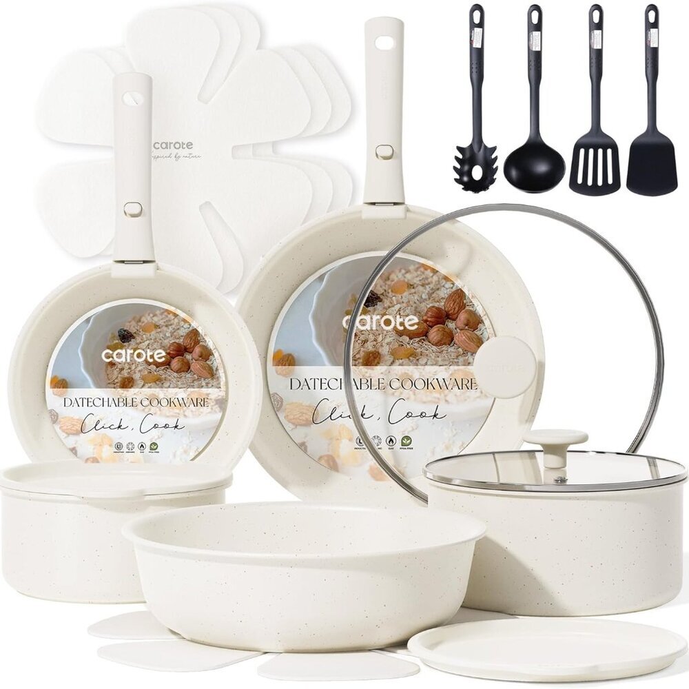 19pcs Pots and Pans Set, Nonstick Cookware Set Detachable Handle, Induction Kitc
